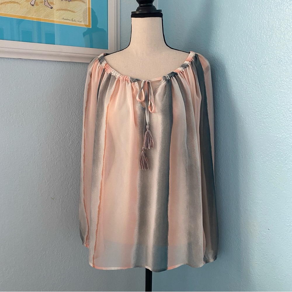 Lovestitch semi sheer flowy stripe water color long sleeve top in peach Sz S NWT